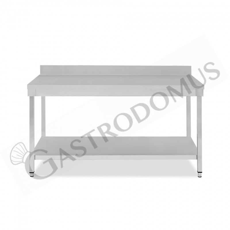 Mesa de trabajo de acero inoxidable con estante inferior y peto con dimensiones L 1700 mm x P 600 mm x A 965 mm