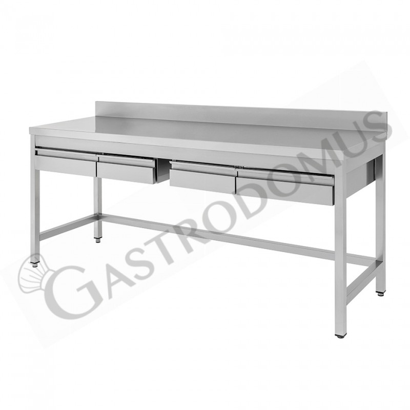 Mesa de acero inoxidable con 4 cajones y peto L 1900 mm x P 800 mm x A 965 mm