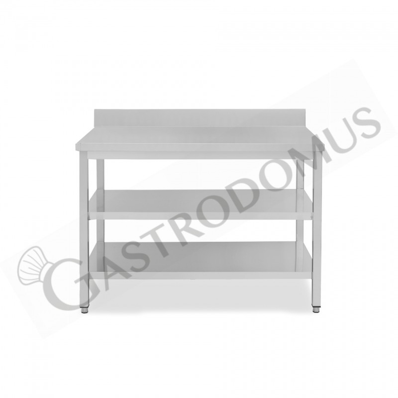 Mesa de trabajo de acero inoxidable con 2 estantes y peto, L 1300 mm x P 800 mm x A 965 mm