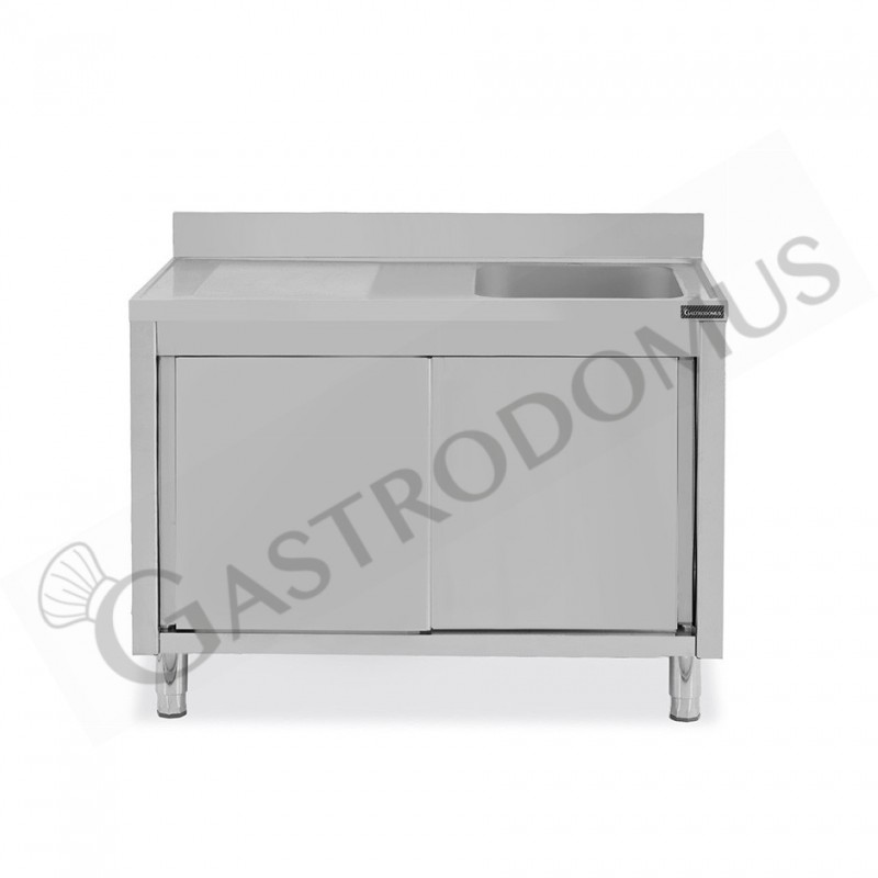 Fregadero con mueble de acero inox, 2 puertas, 1 cubeta, escurridor a la izquierda y peto L1300xP700xA950mm