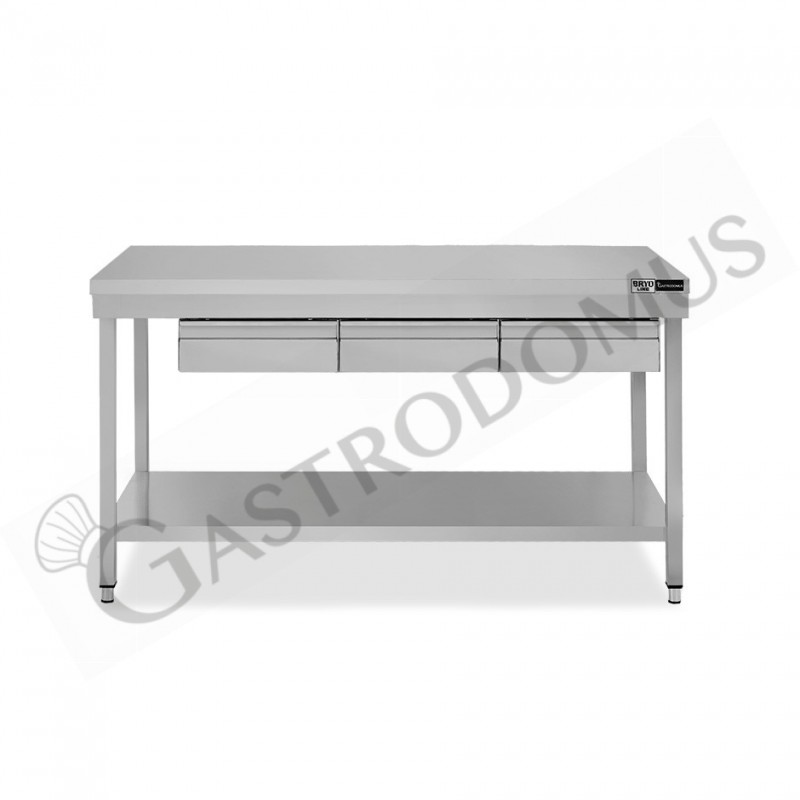 Mesa de trabajo de acero inoxidable con estante y 3 cajones L 1500 mm x P 600 mm x A 865 mm