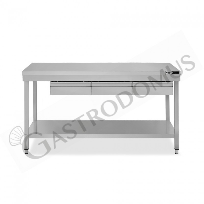 Mesa de trabajo de acero inoxidable con estante y 3 cajones L 1600 mm x P 600 mm x A 865 mm