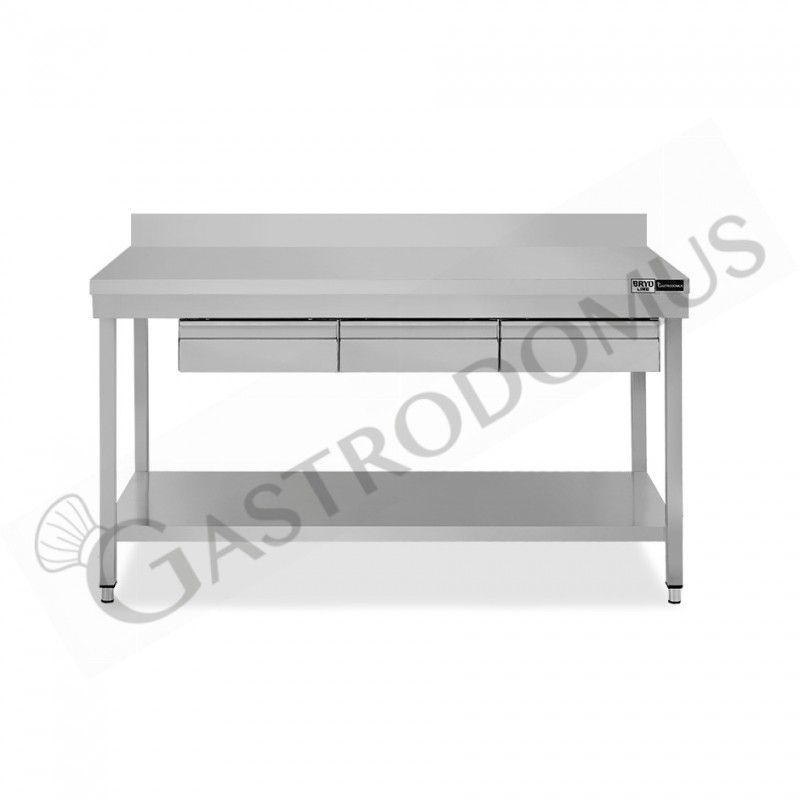 Mesa de trabajo de acero inoxidable con estante, peto trasero, 3 cajones L 1500 mm x P 600 mm x A 965 mm