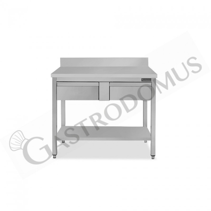 Mesa de trabajo de acero inoxidable con 1 estante, peto y 2 cajones L 1100 mm x P 600 mm x A 950 mm