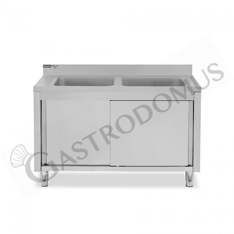 Fregadero con mueble de acero inox, 2 puertas, peto, 2 cubetas L1600xP600xA965mm-agujero para grifo de Ø32mm