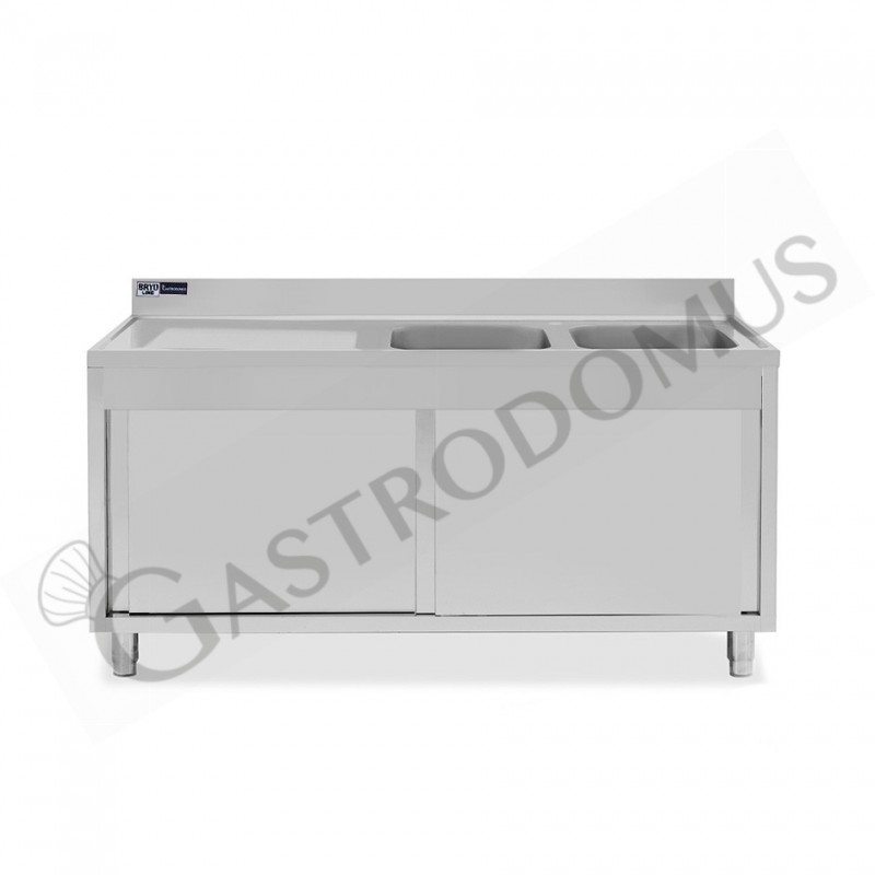 Fregadero con mueble de acero inox, 2 puertas, 2 cubetas, escurridor a la izquierda L1700xP600xA965-agujero para el grifo Ø32mm