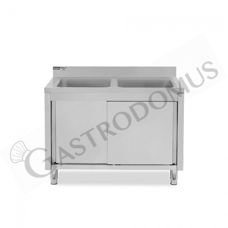 Fregadero con mueble de acero inox, 2 puertas, peto, 2 cubetas L1300xP700xA965mm-agujero para grifo de Ø32mm