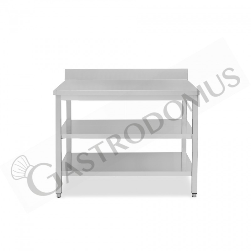 Mesa de trabajo de acero inoxidable con 2 estantes y peto, L 1100 mm x P 700 mm x A 965 mm