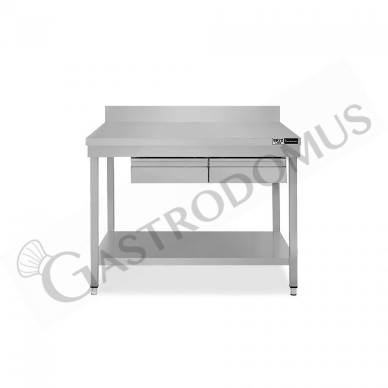 Mesa de trabajo de acero inoxidable con estante, peto trasero, 2 cajones L 1000 mm x P 700 mm x A 965 mm