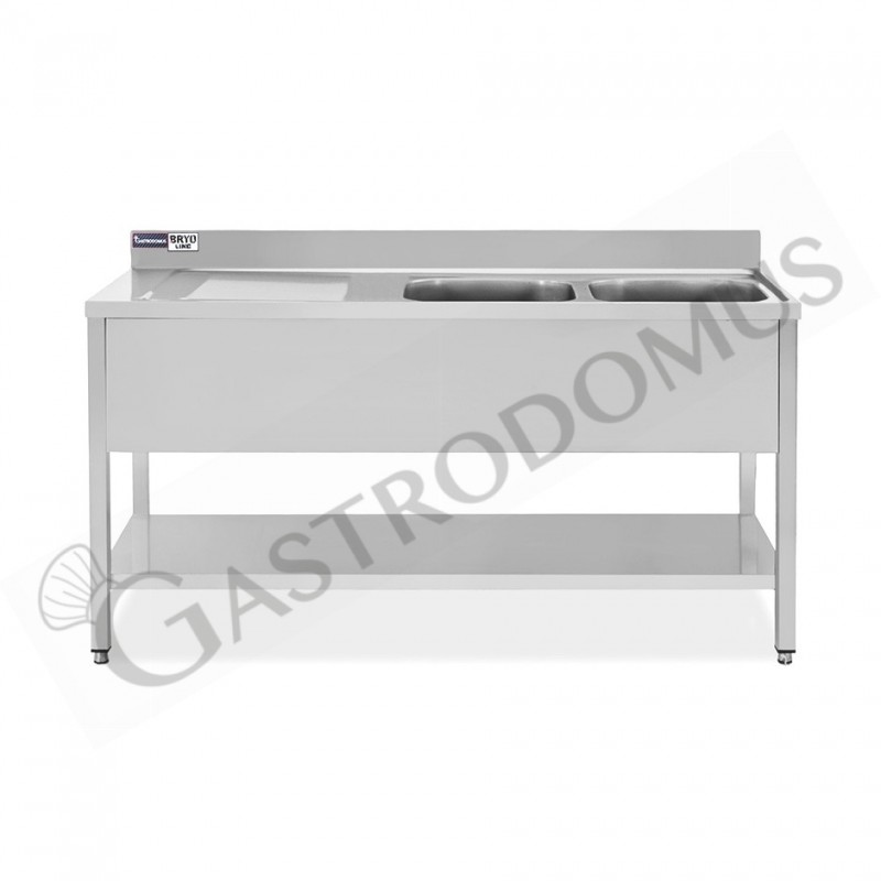 Fregadero  inox con peto, 1 balda, 2 senos escurridor  lado izq, L1700  x P 700 mm x H 965 mm - con orificio para grifo Ø 32 mm