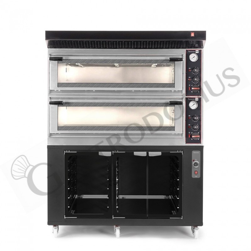 Horno eléctrico mecánico puerta con cristal 8 bandejas 600x400 o 6+6 pizzas Ø400mm con campana y cámara de fermentación negras