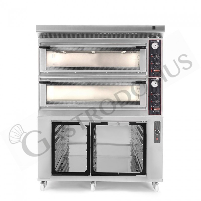 Horno eléctrico mecánico puerta con cristal 8 bandejas 600x400 o 6+6 pizzas Ø 400mm con campana  y cámara de fermentación inox