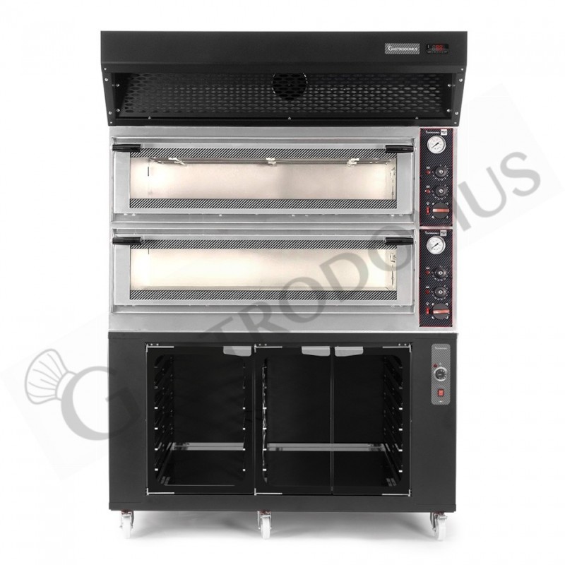 Horno eléctrico mecánico puerta con cristal 8 bandejas 600x400 o 6+6 pizzas Ø400mm campana de condensación y cámara fermentación