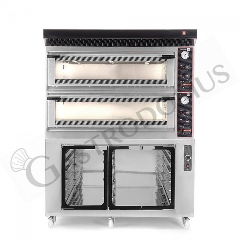 Horno eléctrico mecánico puerta cristal 8 bandejas 600x400 o 6+6 pizzas Ø 400mm con campana negra, cámara de fermentación inox