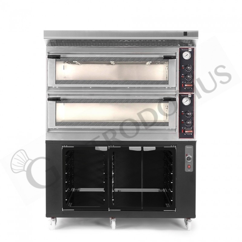 Horno eléctrico mecánico puerta cristal 8 bandejas 600x400 o 6+6 pizzas Ø 400mm con campana negra, cámara de fermentación inox