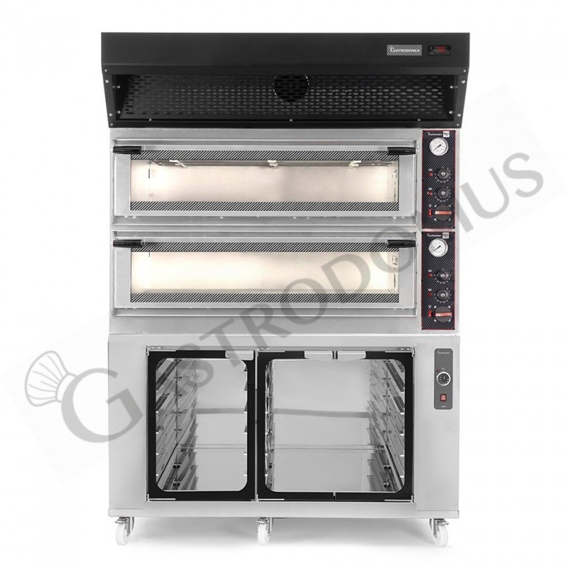 Horno eléctrico  puerta cristal 8 bandejas 600x400 o 6+6 pizzas Ø 400mm con campana condensación negra, cámara fermentación inox