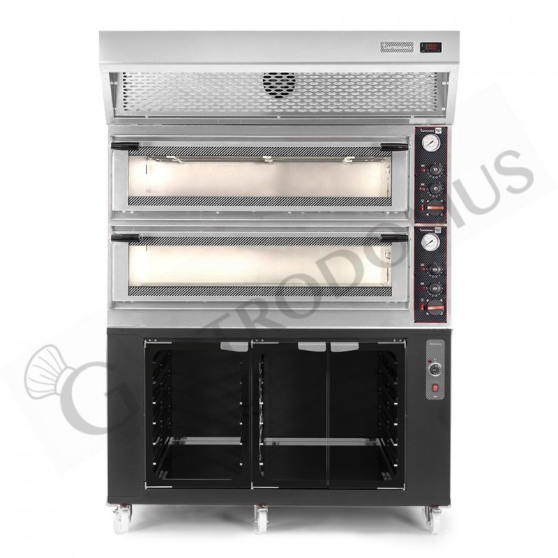 Horno eléctrico mecánico puerta cristal 8 bandejas 600x400 o 6+6 pizzas Ø 400mm con campana condensación  cámara de fermentación