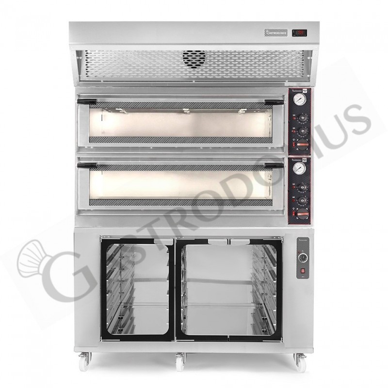 Horno eléctrico mecánico puerta cristal 8 bandejas 600x400 o 6+6 pizzas Ø 40cm campana condensación, cámara  fermentación inox