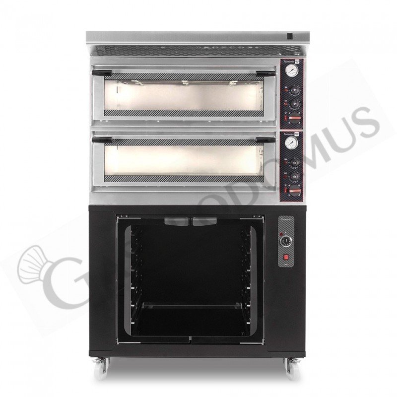 Horno eléctrico mecánico puerta  cristal 4 bandejas 60x40 o 4+4 pizzas Ø 40cm  campana inox y cámara de fermentación negra