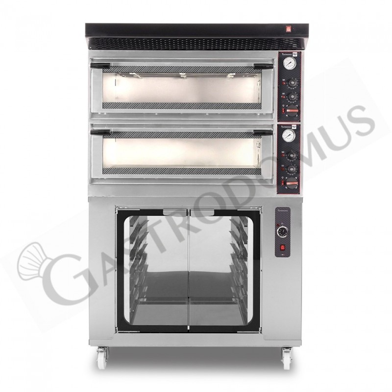 Horno eléctrico mecánico puerta de cristal 4 bandejas 60x40 o 4+4 pizzas Ø 40cm con campana negra y cámara de fermentación inox