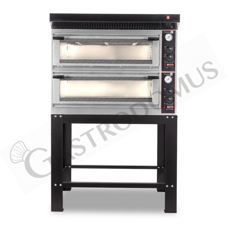 Horno eléctrico mecánico  puerta de cristal 4 bandejas 600x400 o 4+4 pizzas Ø 400mm con campana negra soporte