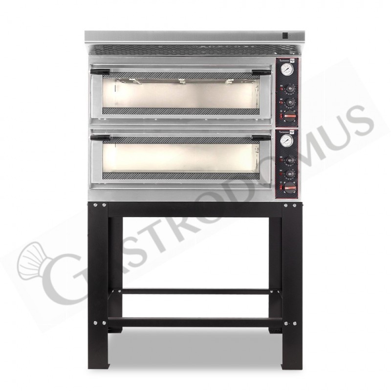 Horno eléctríco mecánico puerta de cristal 4 bandejas 600x400 o 4+4 pizzas Ø 400mm con campana inox y  soporte