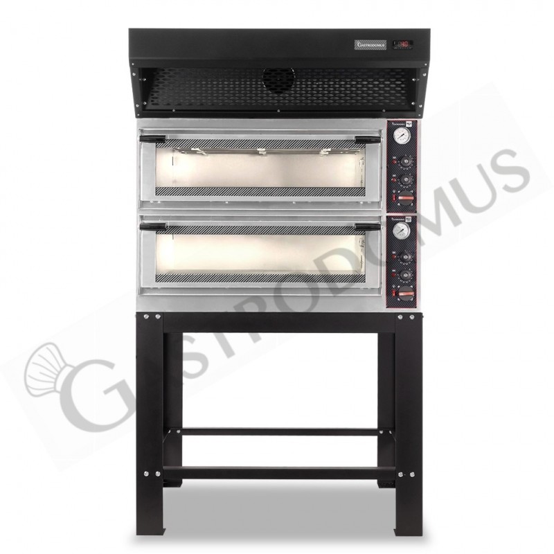 Horno eléctrico mecánico puerta de cristal 4 bandejas 600x400 o 4+4 pizzas Ø 400mm con campana de condensación negra y  soporte