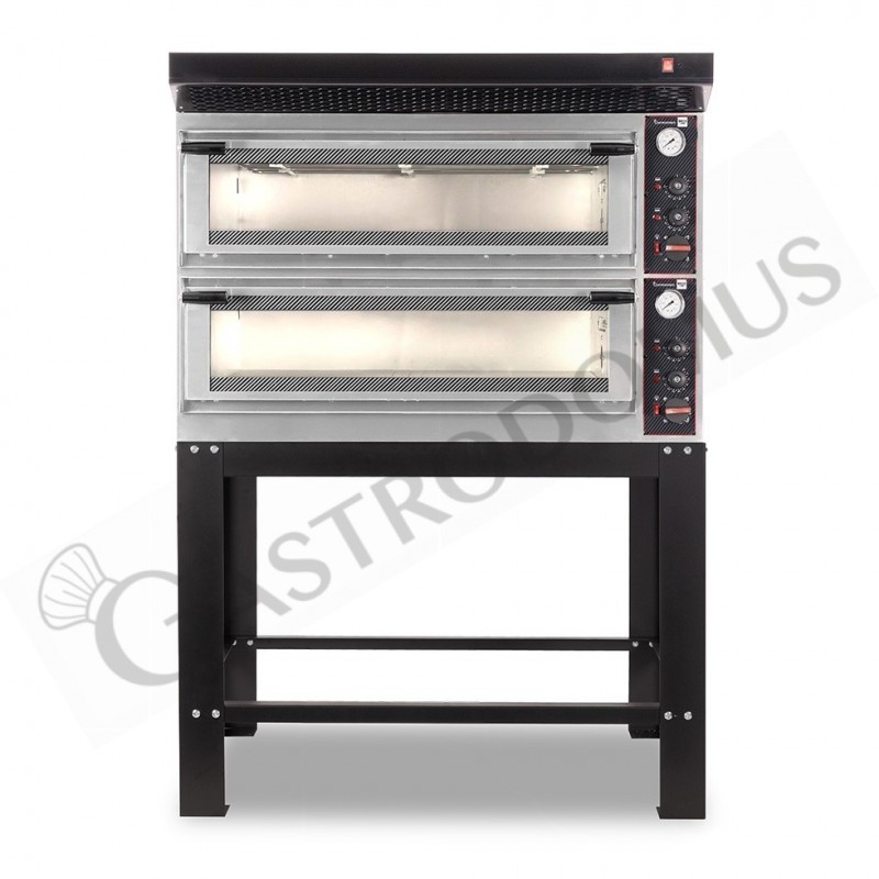 Horno eléctrico mecánico puerta de cristal 8 bandejas 600x400 o 6+6 pizzas Ø 400mm con campana negra y soporte