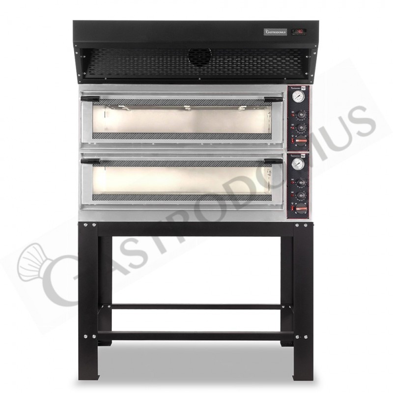 Horno eléctrico mecánico puerta de cristal 8 bandejas 600x400 o 6+6 pizzas Ø 400mm con campana de condensación negra y soporte