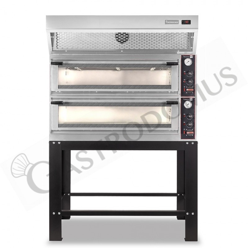 Horno eléctrico mecánico puerta de cristal 8 bandejas 600x400 o 6+6 pizzas Ø 400mm con campana de condensación inox y soporte