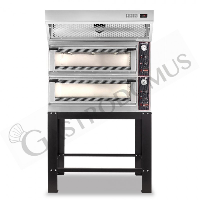 Horno eléctrico mecánico puerta de cristal 4 bandejas 600x400 o 4+4 pizzas Ø 400mm con campana de condensación inox y soporte