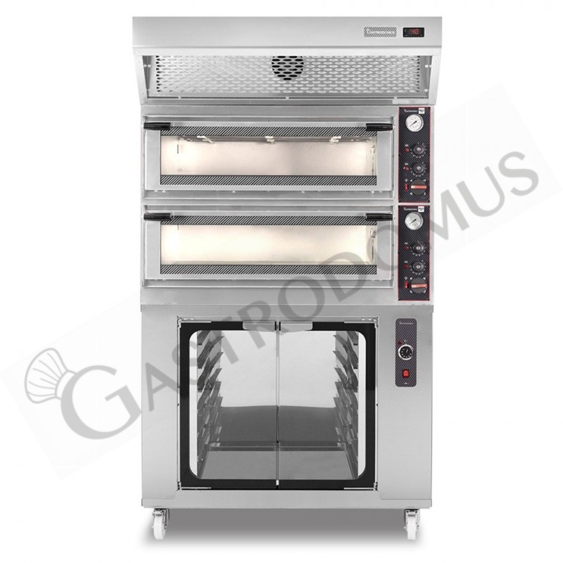 Horno eléctrico mecánico  puerta cristal 4 bandejas 60x40 o 4+4 pizzas Ø 40cm campana  condensación y cámara fermentación inox