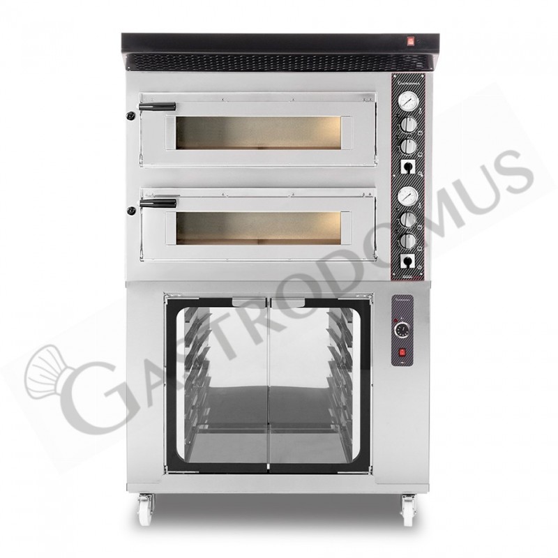 Horno eléctrico de 2 cámaras para 4+4 pizzas Ø 350 mm, control mecánico, con campana negra y cámara fermentación inox