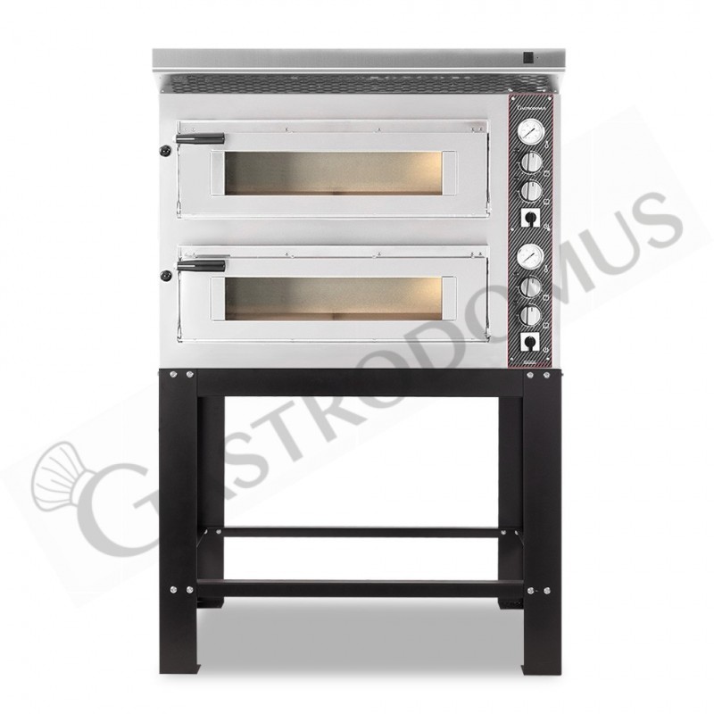 Horno eléctrico de 2 cámaras para 4+4 pizzas Ø 350 mm, control mecánico, con campana inox y soporte