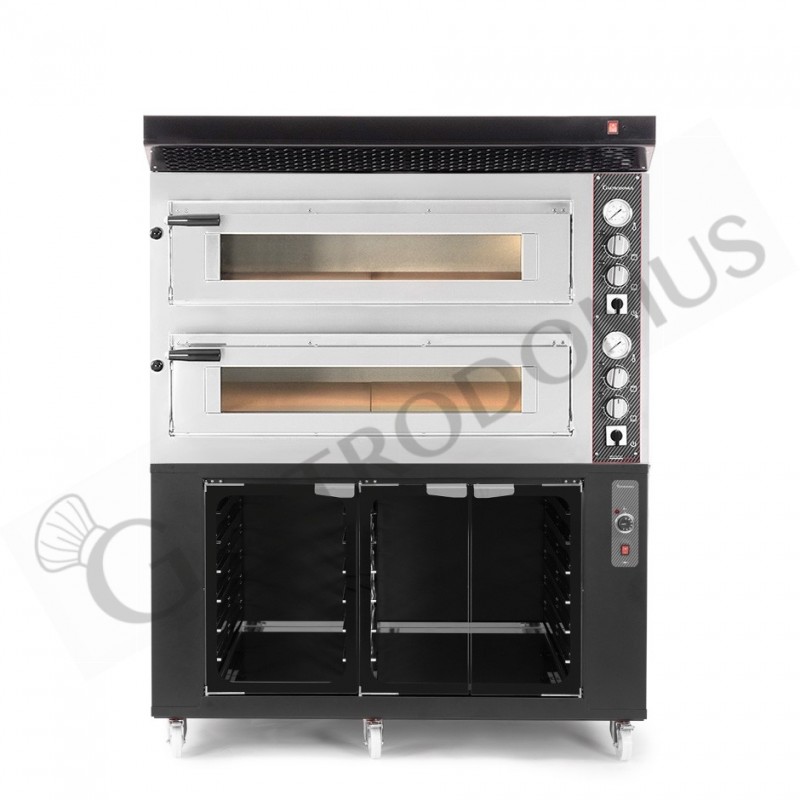 Horno eléctrico de 2 cámaras para 6+6 pizzas Ø 350 mm, control mecánico, con campana negra y cámara fermentación negra