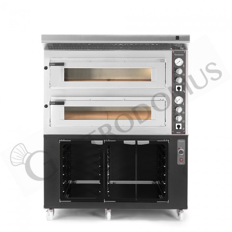 Horno eléctrico de 2 cámaras para 6+6 pizzas Ø 350 mm, control mecánico, con campana inox y cámara de fermentación negra