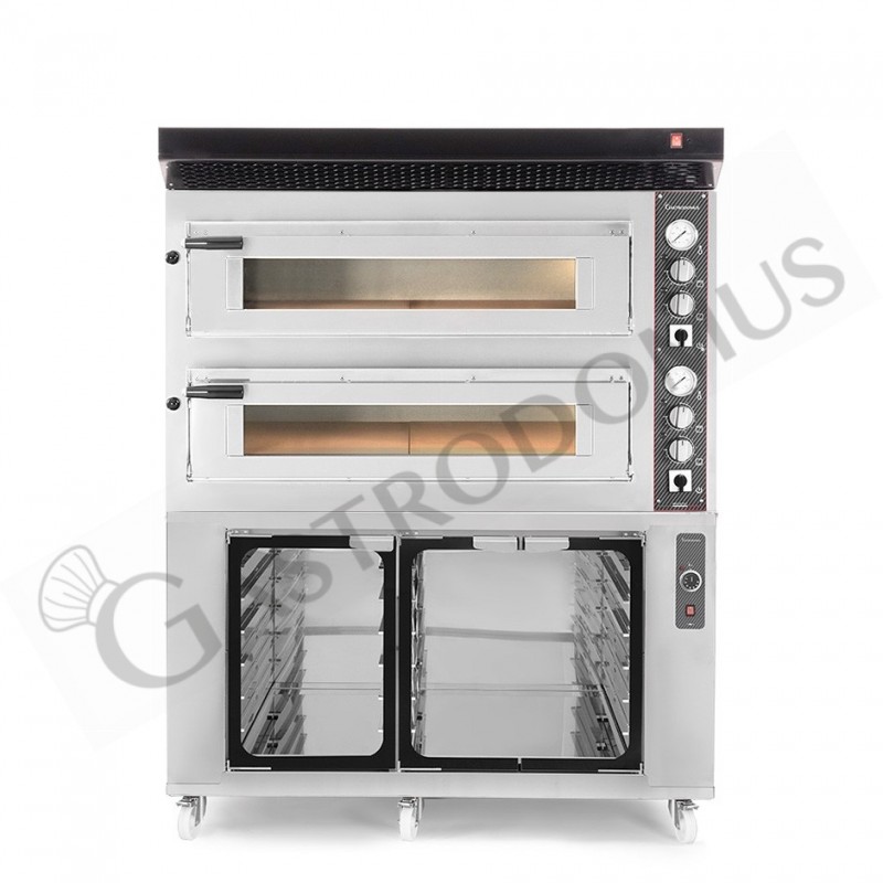 Horno eléctrico de 2 cámaras para 6+6 pizzas Ø 350 mm, control mecánico, con campana negra y cámara de fermentación  inox