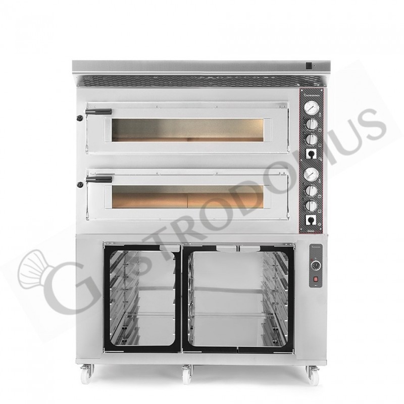 Horno eléctrico de 2 cámaras para 6+6 pizzas Ø 350 mm, control mecánico, con campana inox y cámara fermentación inox