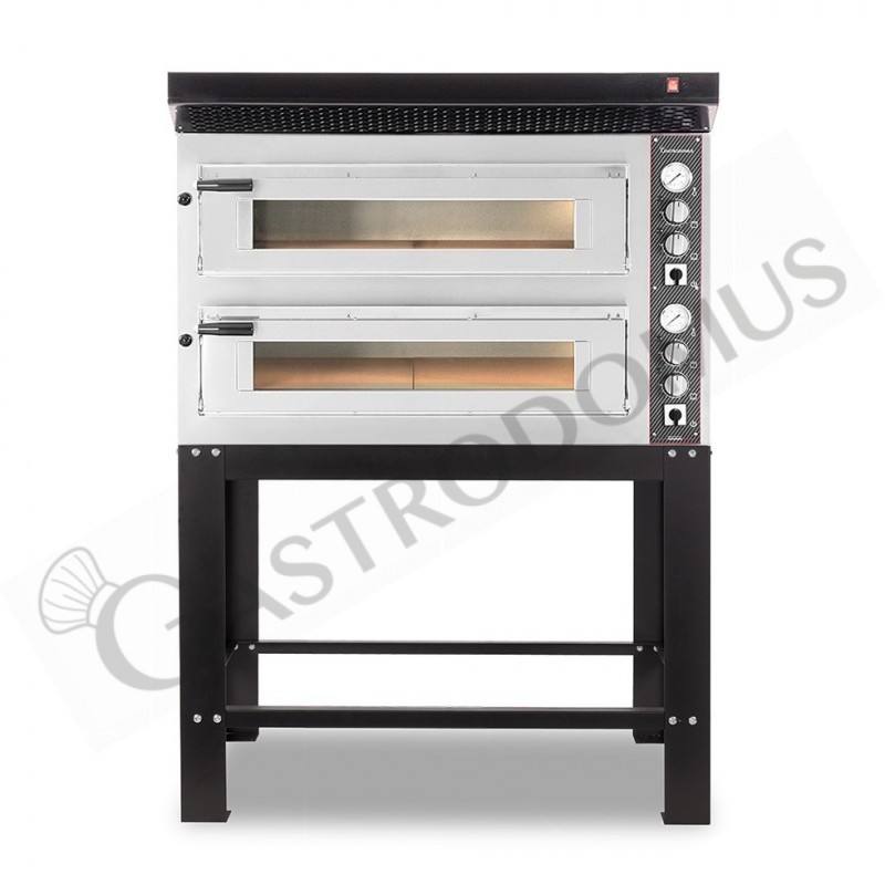 Horno eléctrico de 2 cámaras para 6+6 pizzas Ø 350 mm, control mecánico, con campana negra y soporte