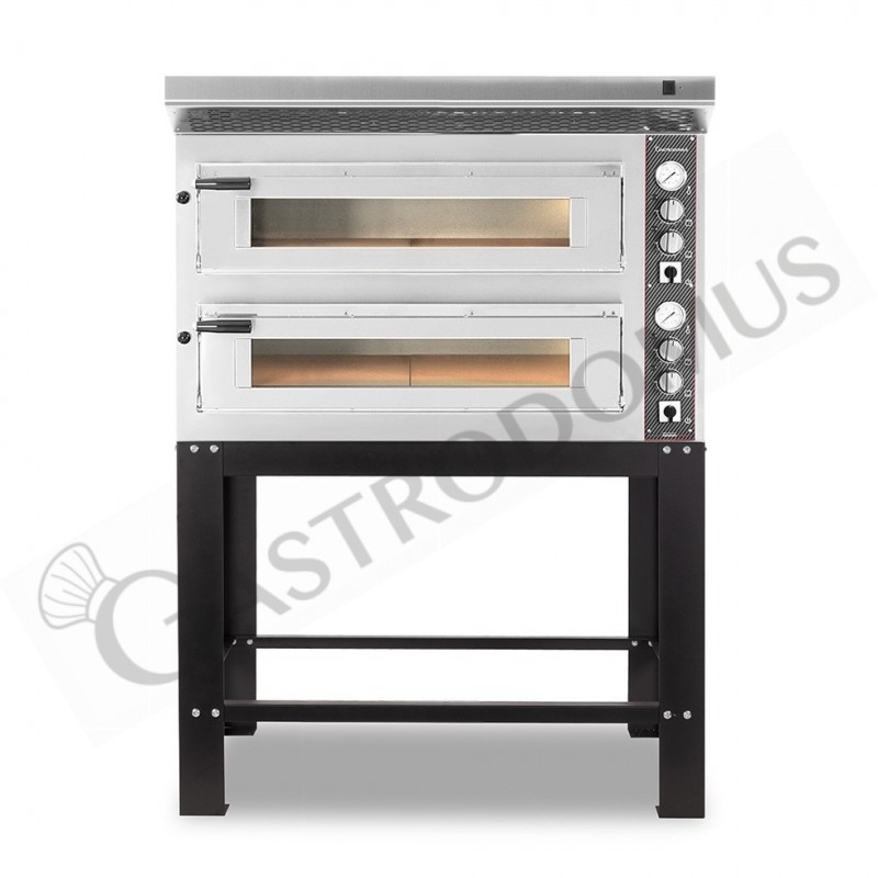 Horno eléctrico de 2 cámaras para 6+6 pizzas Ø 350 mm, control mecánico, con campana inox y soporte