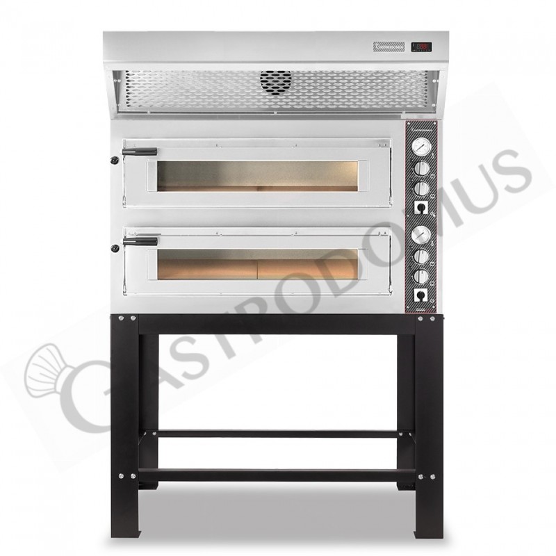 Horno eléctrico de 2 cámaras para 6+6 pizzas Ø 350 mm, control mecánico, con campana de condensación inox y soporte