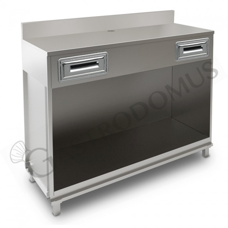 Mueble cafetero con cajones y sobre de acero inoxidable con peto - L 1500 mm x P 560 mm x H 1224 mm