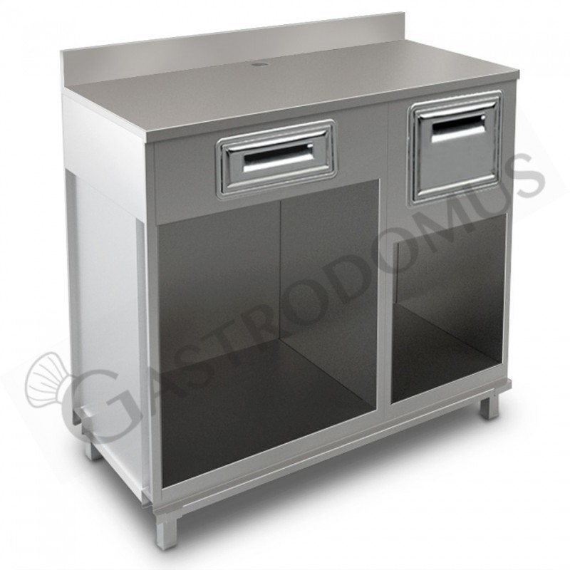 Mueble cafetero con cajón, tolva y sobre de acero inoxidable con peto - L 1250 mm x P 560 mm x H 1224 mm