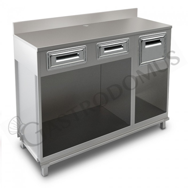 Mueble cafetero con cajones,  tolva y sobre de acero inoxidable con peto - L 1500 mm x P 560 mm x H 1224 mm