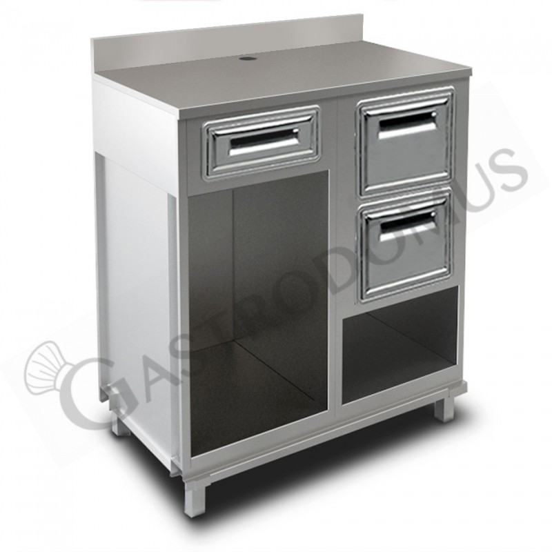 Mueble cafetero con cajón, 2 tolvas y sobre de acero inoxidable con peto - L 1000 mm x P 560 mm x H 1224 mm