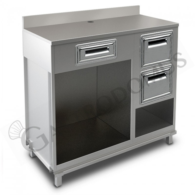 Mueble cafetero con cajón, 2 tolvas y sobre de acero inoxidable con peto - L 1250 mm x P 560 mm x H 1224 mm