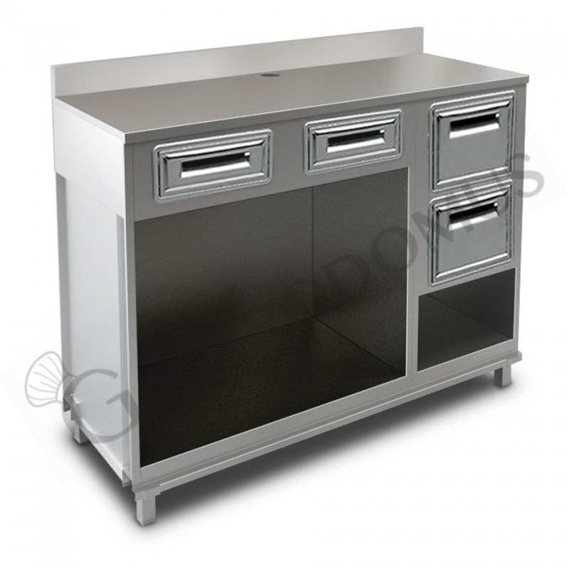 Mueble cafetero con cajones, 2 tolvas y sobre de acero inoxidable con peto - L 1500 mm x P 560 mm x H 1224 mm