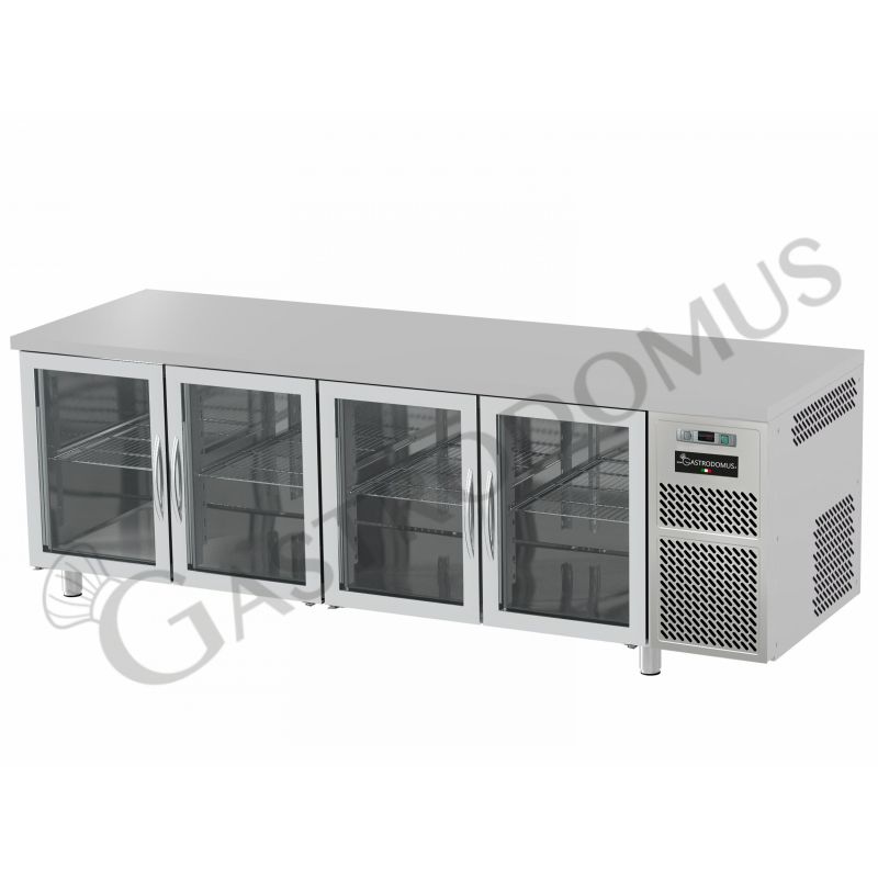 Mesa Refrigerada 600 mm de profundidad 4 Puertas de vidrio 0°C/+10°C de acero inoxidable