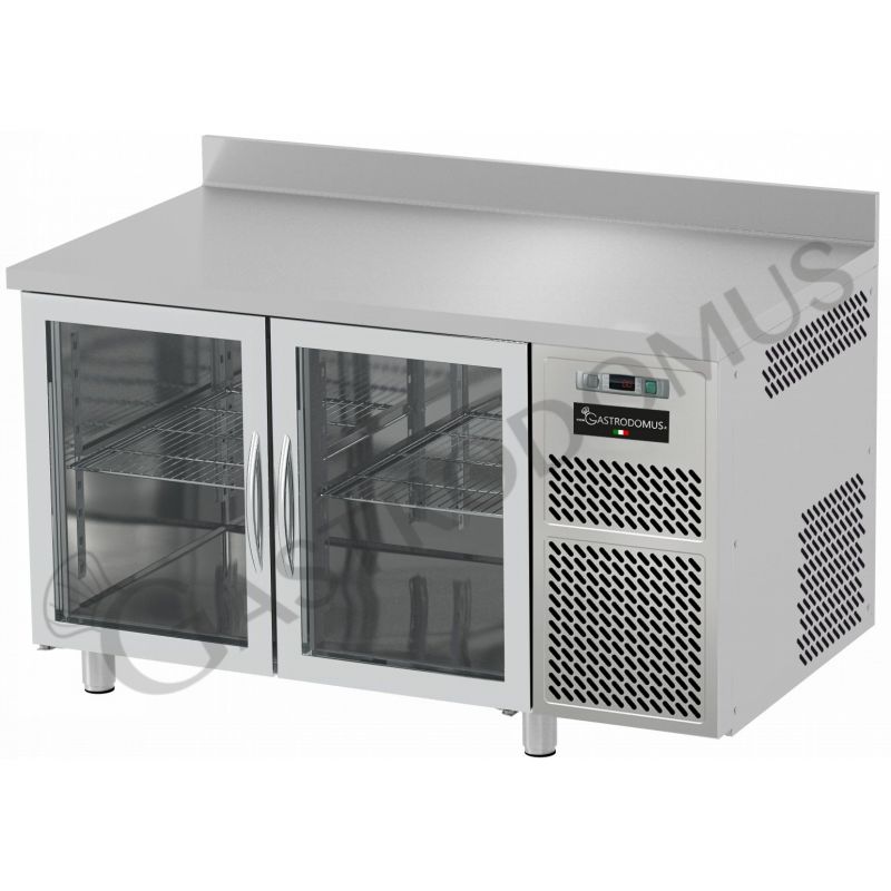 Mesa Refrigerada 700 mm de profundidad con peto 2 Puertas de vidrio 0°C/+10°C de acero inoxidable