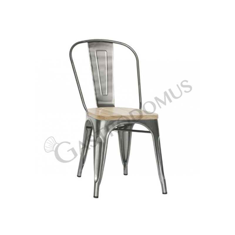 Silla Xerox con estructura y respaldo de metal pintado y barniz transparente y asiento de madera